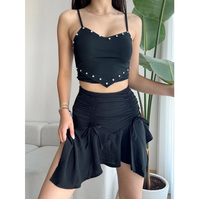 Bağcıklı Büzgülü Etek-SİYAH