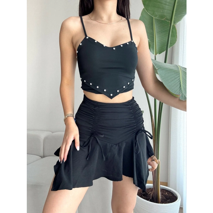 Bağcıklı Büzgülü Etek-SİYAH