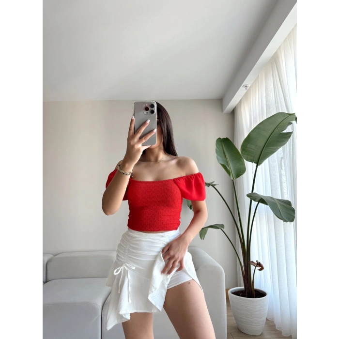 Bağcıklı Büzgülü Etek-BEYAZ