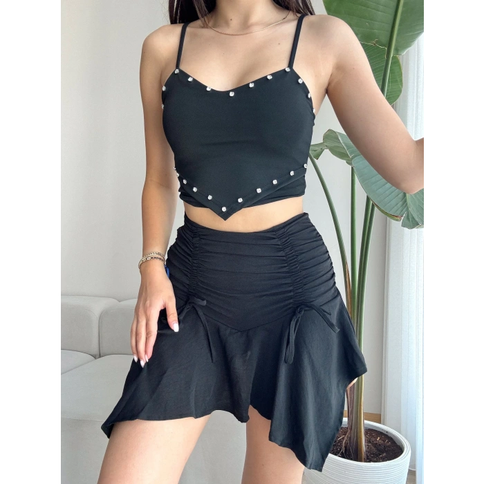 Bağcıklı Büzgülü Etek-SİYAH