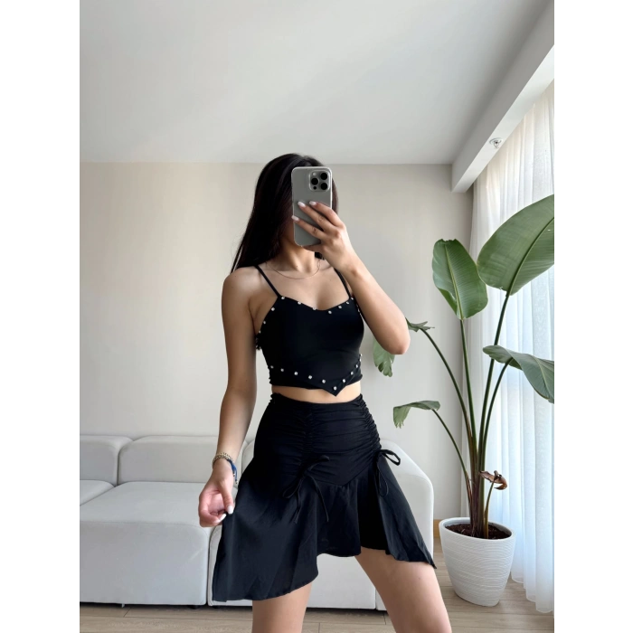 Bağcıklı Büzgülü Etek-SİYAH