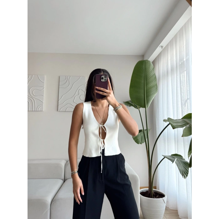 Bağcıklı Crop Yelek-BEYAZ