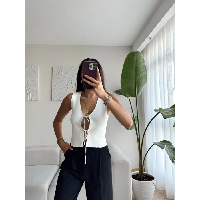 Bağcıklı Crop Yelek-BEYAZ