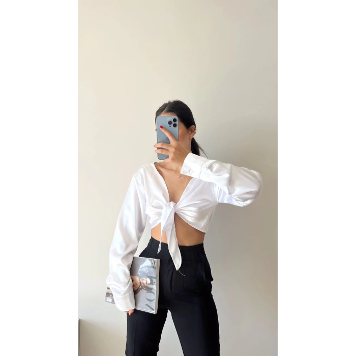 Saten Bağlamalı Crop Bluz-BEYAZ
