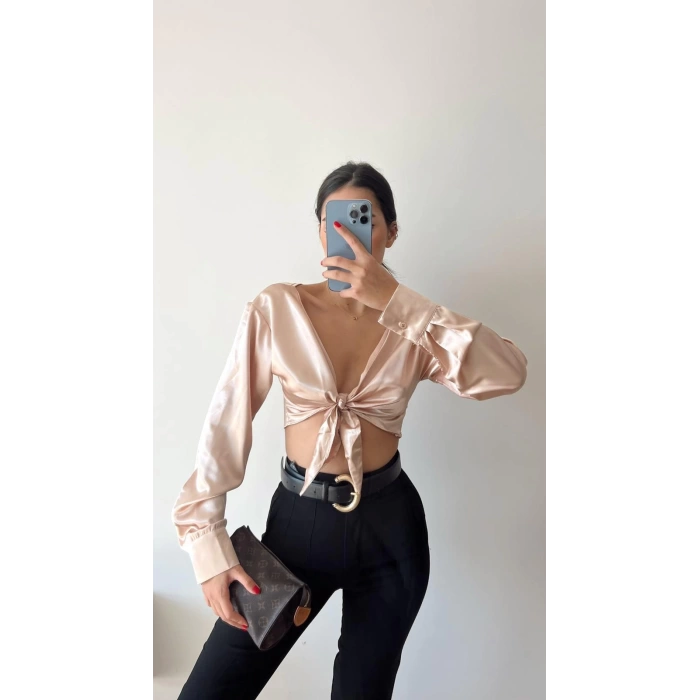 Saten Bağlamalı Crop Bluz-BRONZ