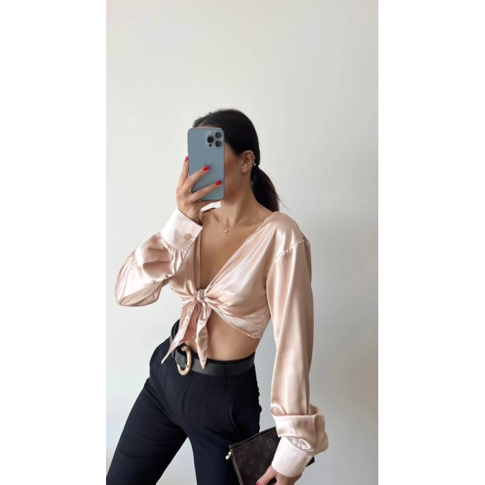 Saten Bağlamalı Crop Bluz-BRONZ