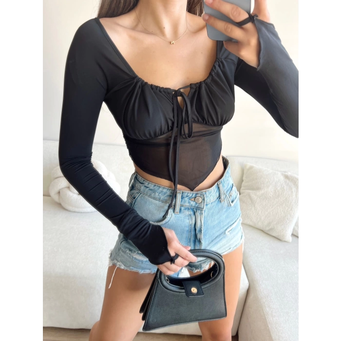 Bağlamalı Crop Bluz-SİYAH