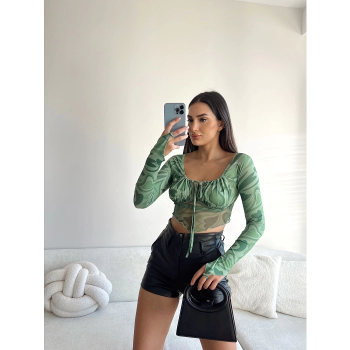 Bağlamalı Crop Bluz-YEŞİL