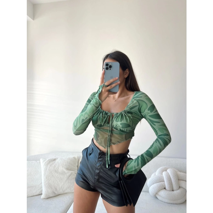 Bağlamalı Crop Bluz-YEŞİL