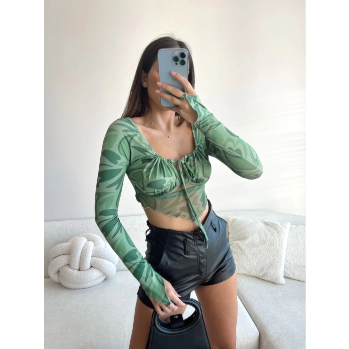 Bağlamalı Crop Bluz-YEŞİL
