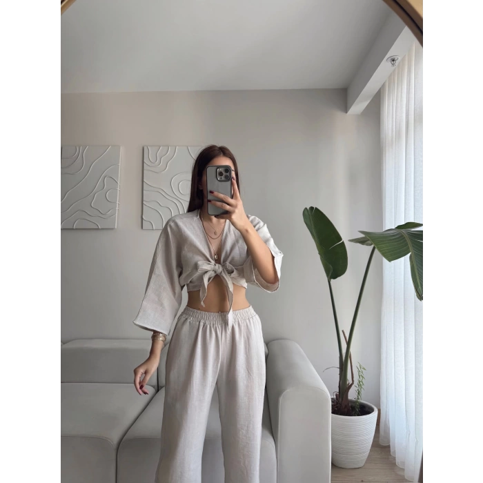 Bağlamalı Crop & Pantolon Takım - BEJ