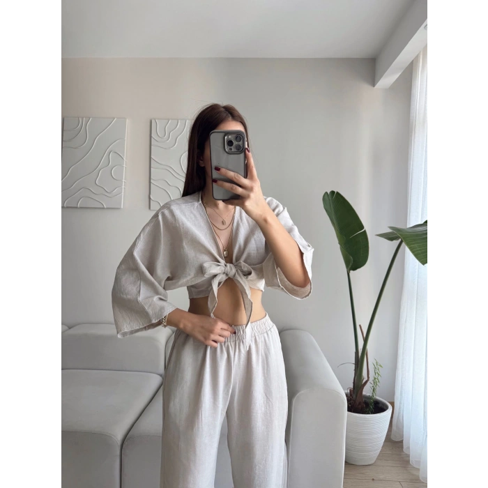 Bağlamalı Crop & Pantolon Takım - BEJ