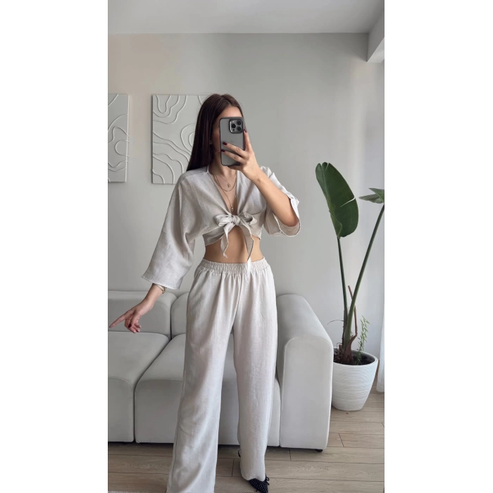 Bağlamalı Crop & Pantolon Takım - BEJ