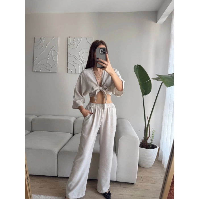 Bağlamalı Crop & Pantolon Takım - BEJ