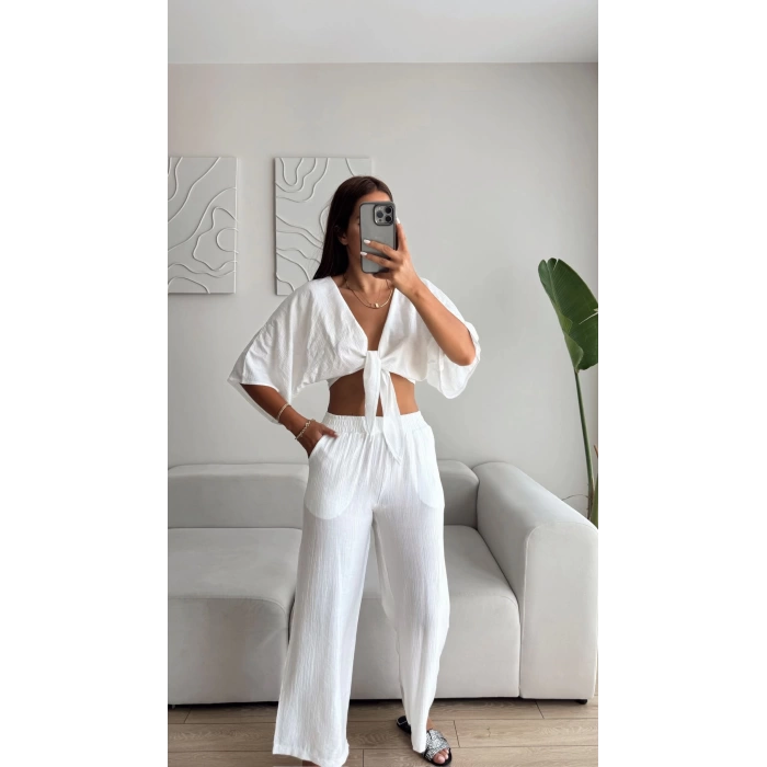 Bağlamalı Crop & Pantolon Takım - BEYAZ