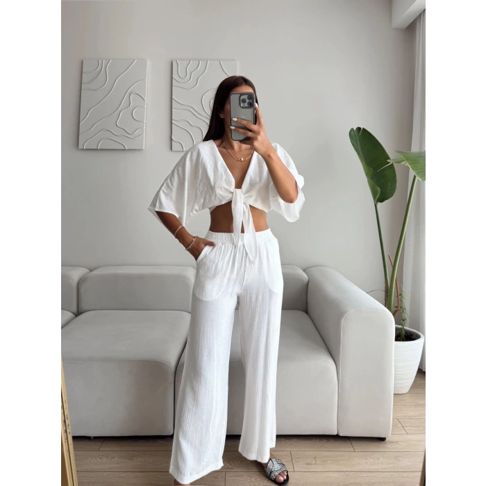 Bağlamalı Crop & Pantolon Takım - BEYAZ