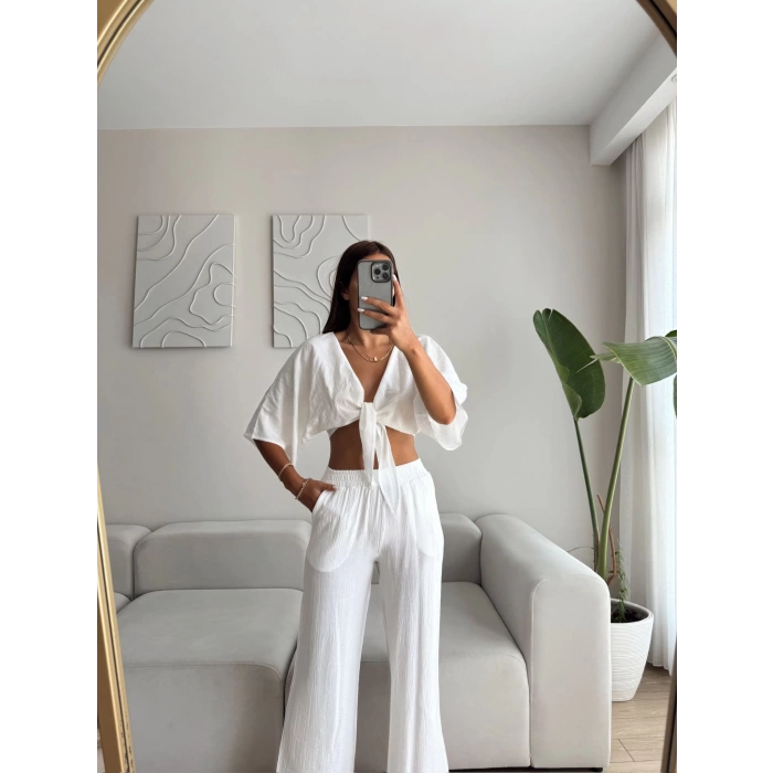 Bağlamalı Crop & Pantolon Takım - BEYAZ