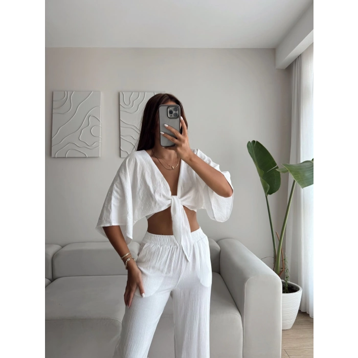Bağlamalı Crop & Pantolon Takım - BEYAZ