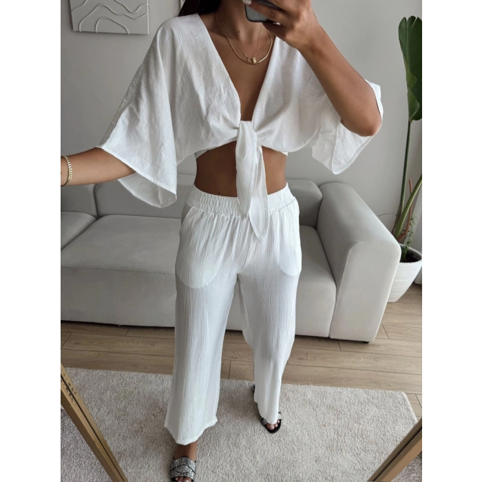 Bağlamalı Crop & Pantolon Takım - BEYAZ