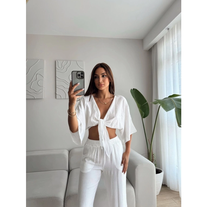 Bağlamalı Crop & Pantolon Takım - BEYAZ