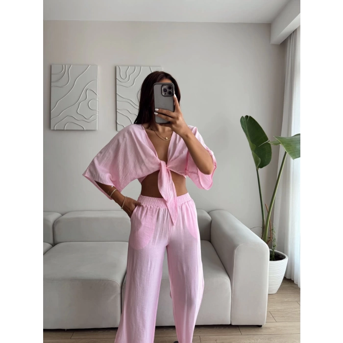 Bağlamalı Crop & Pantolon Takım - PEMBE