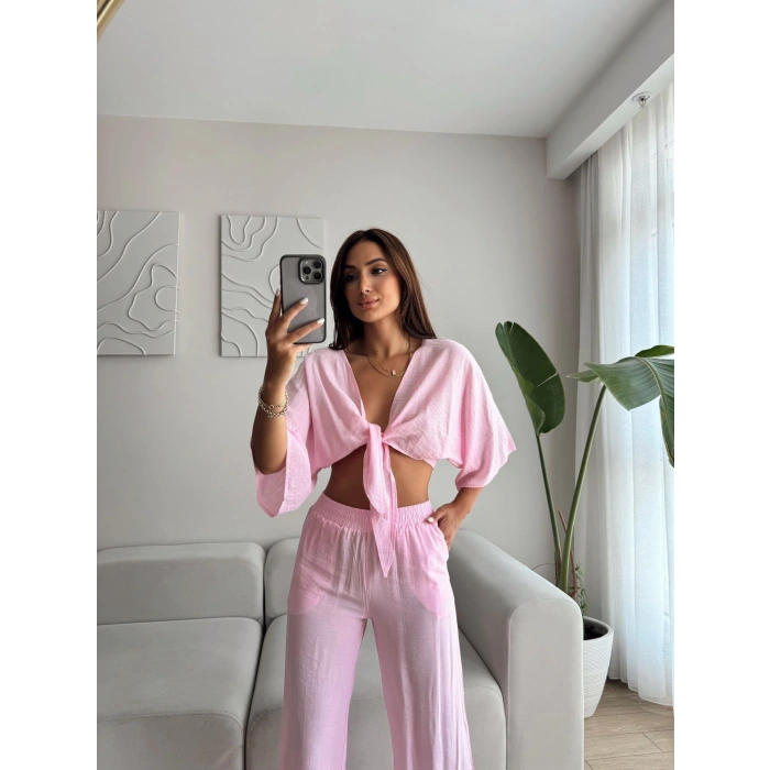 Bağlamalı Crop & Pantolon Takım - PEMBE