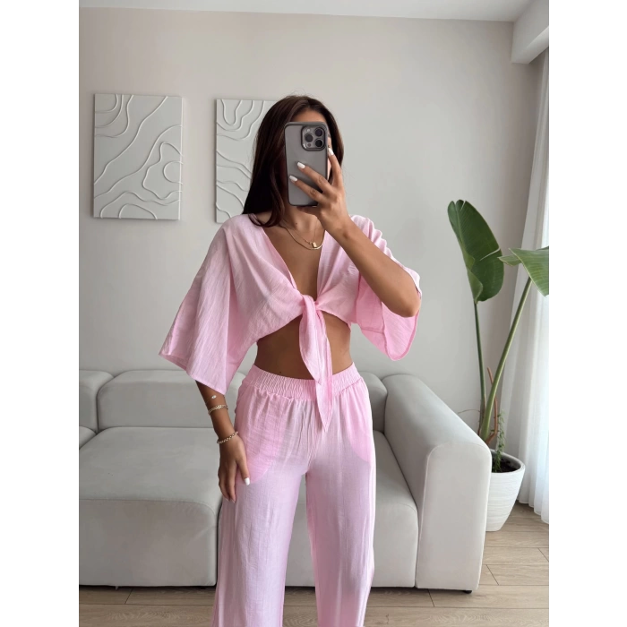 Bağlamalı Crop & Pantolon Takım - PEMBE