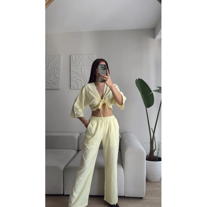 Bağlamalı Crop & Pantolon Takım - SARI