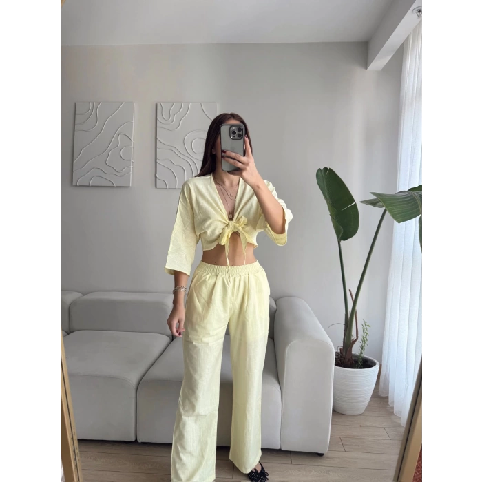 Bağlamalı Crop & Pantolon Takım - SARI