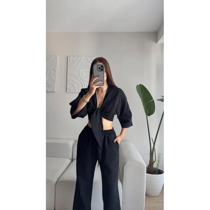 Bağlamalı Crop & Pantolon Takım - SİYAH