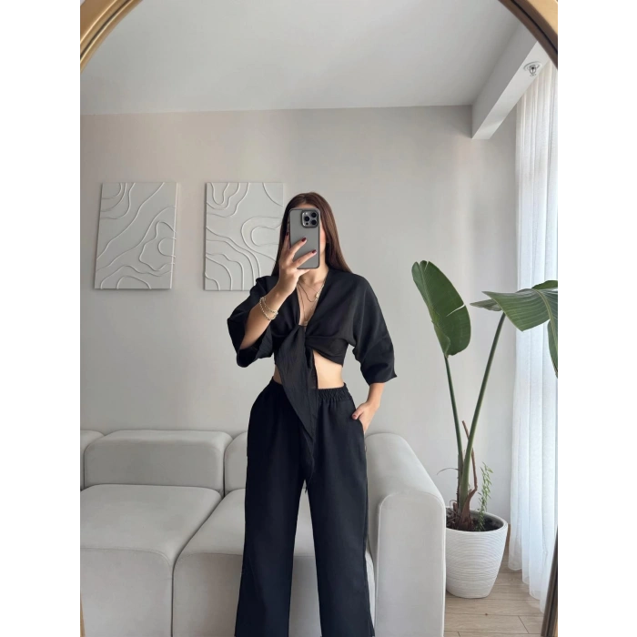 Bağlamalı Crop & Pantolon Takım - SİYAH