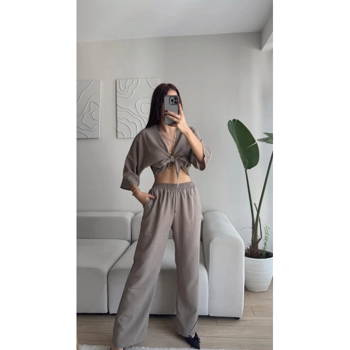 Bağlamalı Crop & Pantolon Takım - VİZON