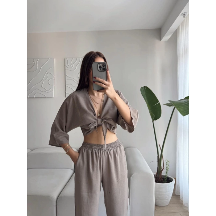Bağlamalı Crop & Pantolon Takım - VİZON