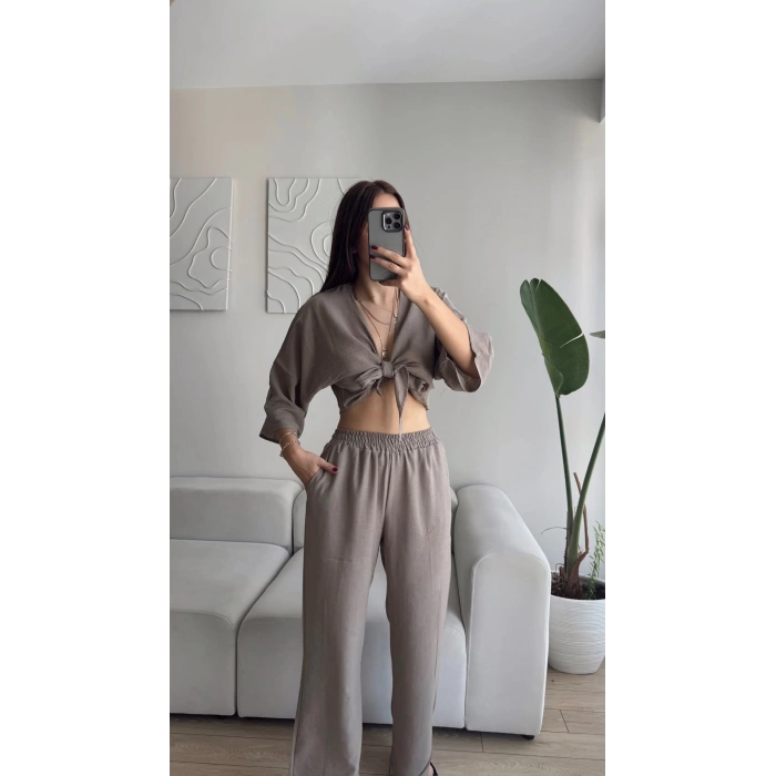 Bağlamalı Crop & Pantolon Takım - VİZON