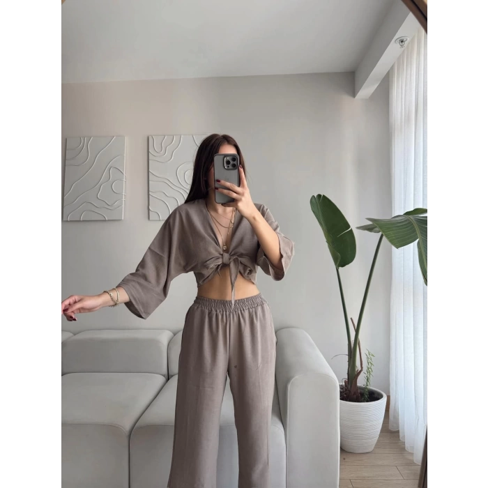 Bağlamalı Crop & Pantolon Takım - VİZON