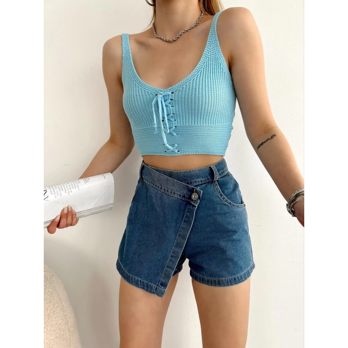 Bağlamalı Triko Crop-BEBE MAVİSİ