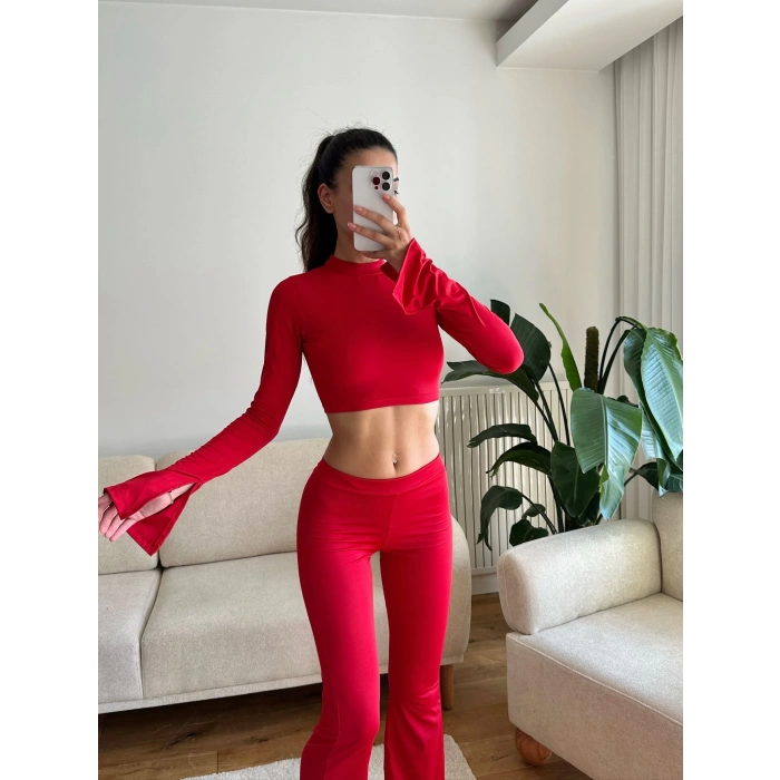 Balıkçı Crop & İspanyol Pantolon Takım - KIRMIZI