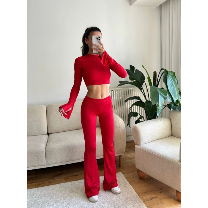 Balıkçı Crop & İspanyol Pantolon Takım - KIRMIZI
