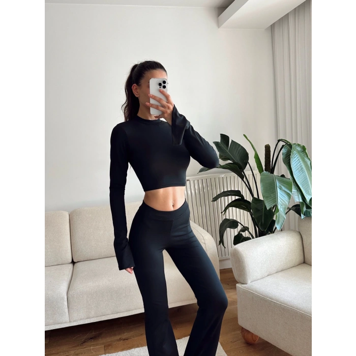 Balıkçı Crop & İspanyol Pantolon Takım - SİYAH