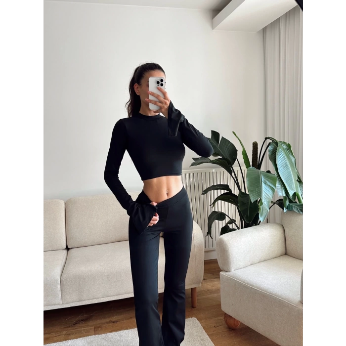 Balıkçı Crop & İspanyol Pantolon Takım - SİYAH