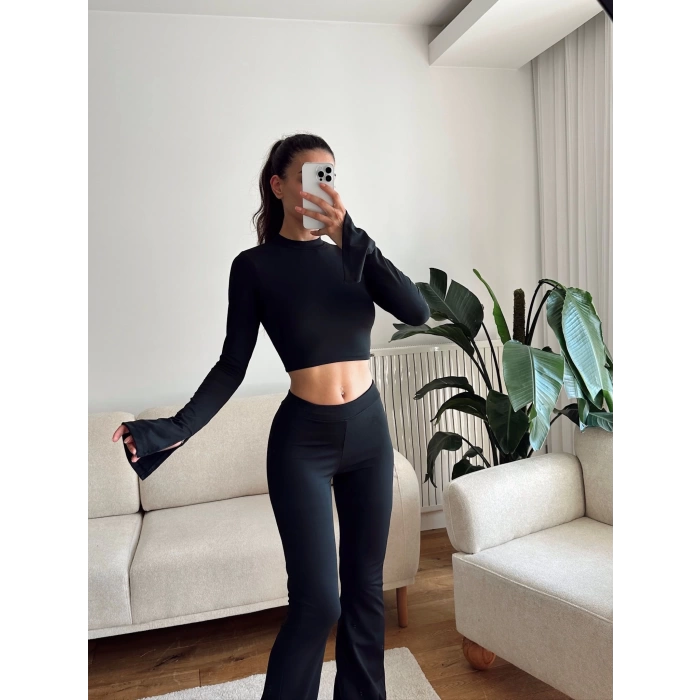 Balıkçı Crop & İspanyol Pantolon Takım - SİYAH