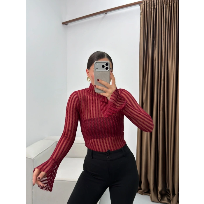 Balıkçı Transparan Bluz - BORDO