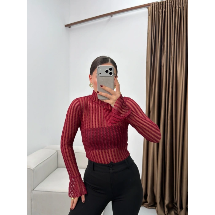 Balıkçı Transparan Bluz - BORDO