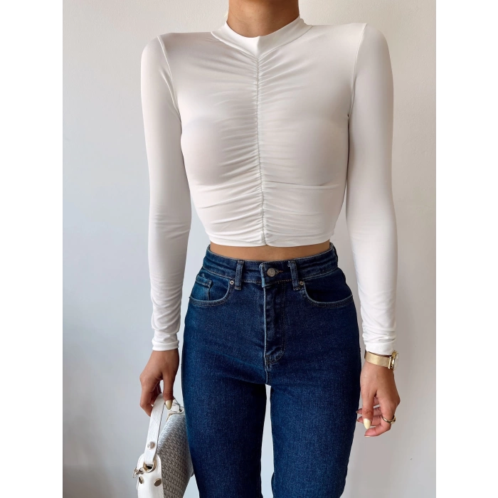 Balıkçı Yaka Büzgülü Crop Bluz-BEYAZ