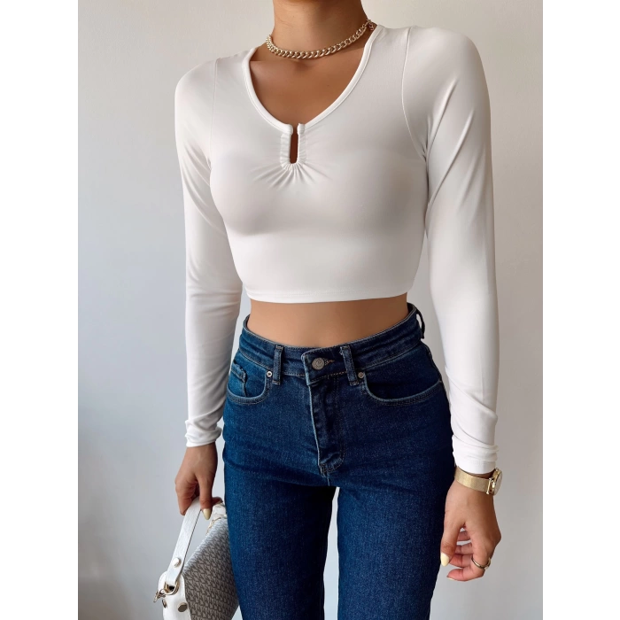 Balıkçı Yaka Büzgülü Crop Bluz-BEYAZ