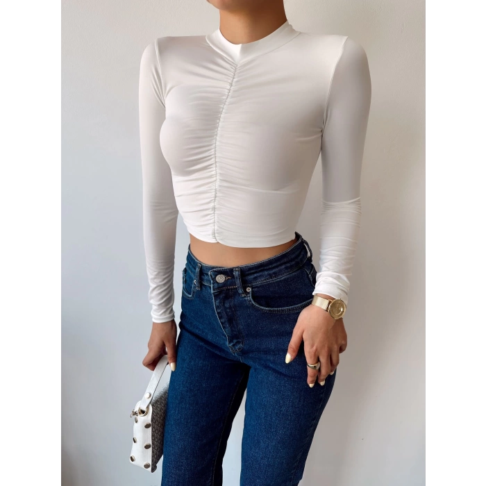 Balıkçı Yaka Büzgülü Crop Bluz-BEYAZ