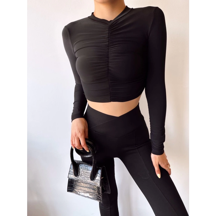 Balıkçı Yaka Büzgülü Crop Bluz-SİYAH