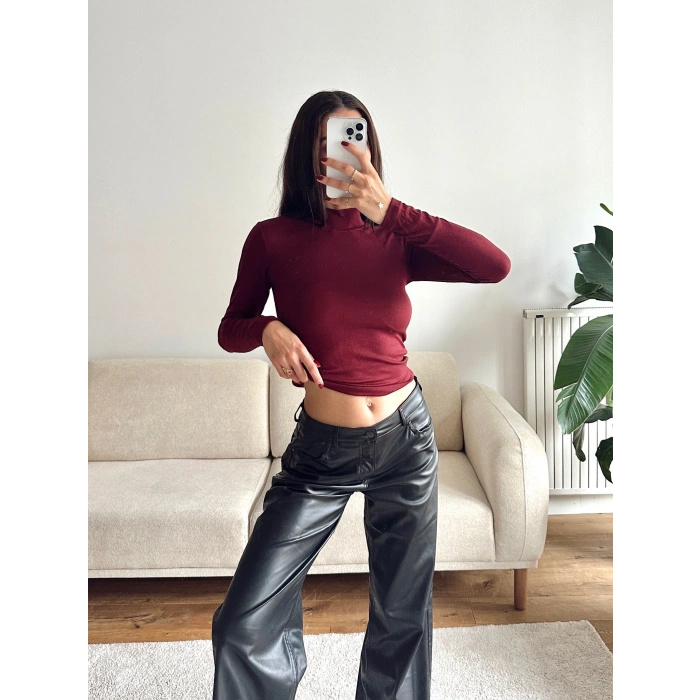 Balıkçı Yaka Buzzy Crop - BORDO