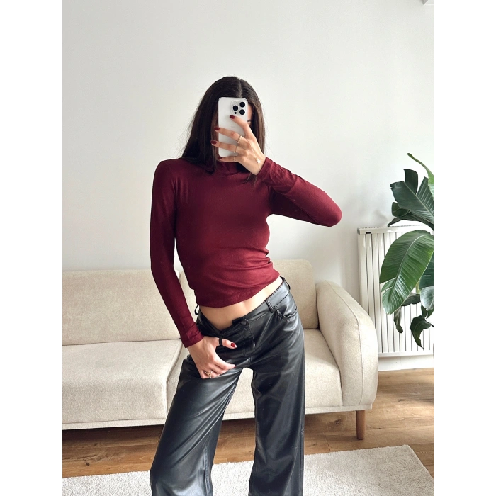 Balıkçı Yaka Buzzy Crop - BORDO