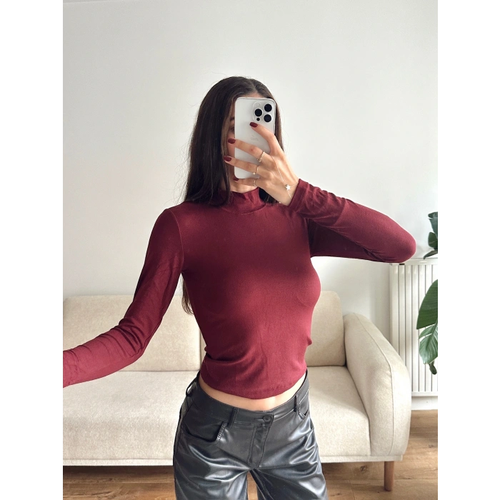 Balıkçı Yaka Buzzy Crop - BORDO
